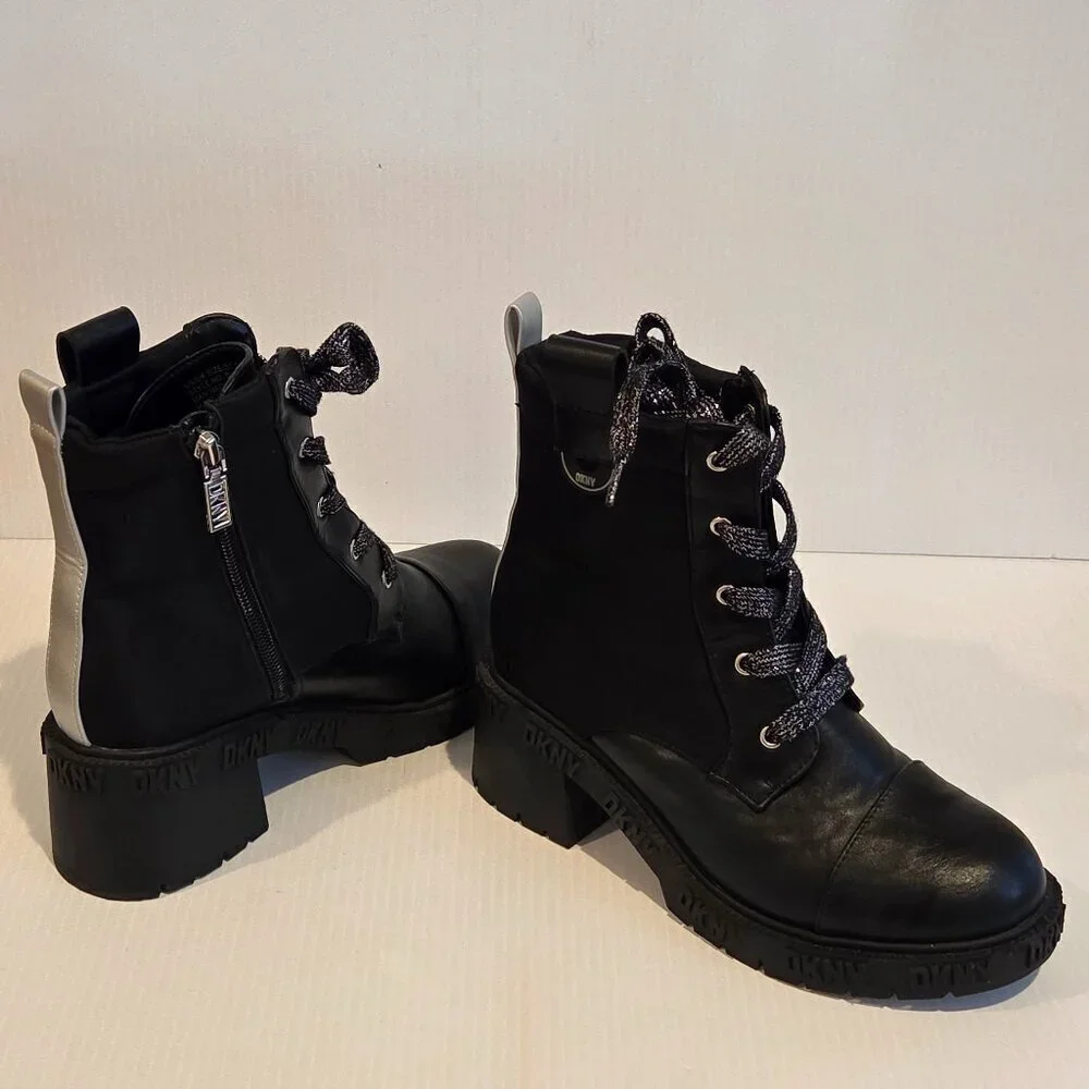 DKNY Girls Haley Block Heel Combat Military Black Boots Size 3 Chunky Heel - Picture 1 of 13